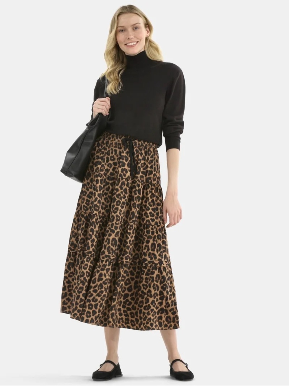 Time & Tru Leopard Print Tiered Midi Skirt - Brown/Black, Size S - Picture 4 of 9